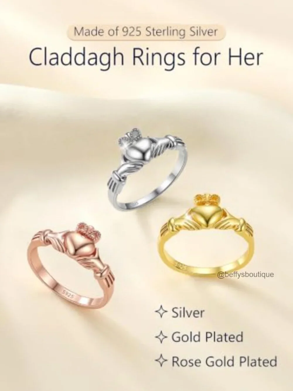 925 Sterling Silver Irish Claddagh Ring, Dainty, No Tarnish Promise Ring